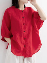 Crew Neck Three-Quarter Lantern Sleeve Plain Loose Shirt For Women