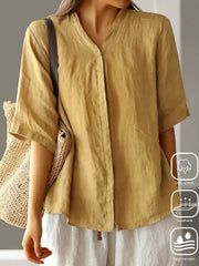 Plain Cotton And Linen Casual Blouse