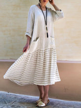 Striped Casual Crew Neck 3/4 Sleeves Cotton Casual Maxi Dress