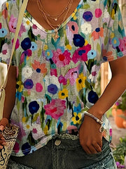 Floral Print Crew Neck Short Sleeves Loose T-shirt