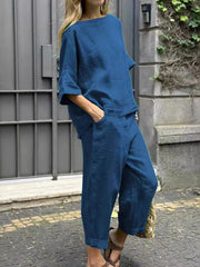 Crew Neck 3/4 Sleevess Loose Top With Pants Two-Piece Suits