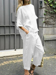 Crew Neck 3/4 Sleevess Loose Top With Pants Two-Piece Suits
