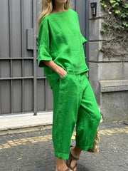 Crew Neck 3/4 Sleevess Loose Top With Pants Two-Piece Suits