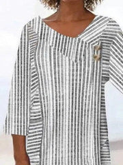 Stripe Asymmetrical Neck 3/4 Sleevess Buttons Comfy Blouse