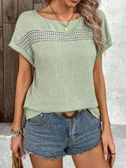 Green Crew Neck Short Sleeves Basic Blouse
