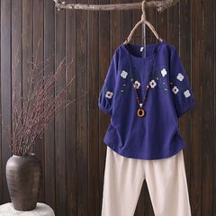 Cotton and Linen Casual Crew Neck Shirt with Embroidery Patterns