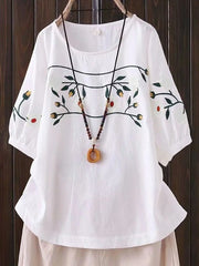 Cotton and Linen Casual Crew Neck Shirt with Embroidery Patterns
