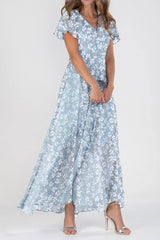 V-Neck Short Sleeve Chiffon Floral Maxi Dress