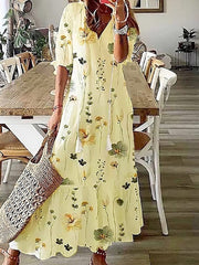 Floral V-neck Half Sleeve Loose Fit Maxi Dress