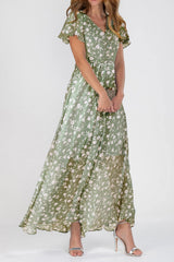 Floral V Neck Short Sleeve Chiffon Maxi Dress