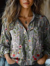 Retro Floral Print Shirt Collar Long Sleeve Loose Daily Shirt