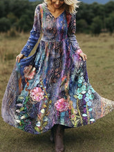 Bohemian Beach Floral Print V-neck Long Sleeve Maxi Dress