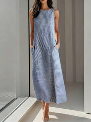 Casual Striped Crew Neck Sleeveless Cotton Midi Fit Dress
