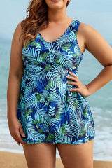 Leaf Print Wide Straps V-neck Swimdress