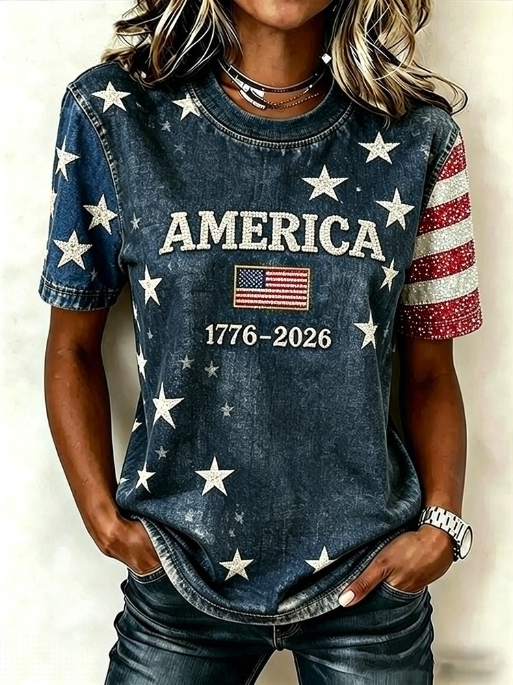 American Flag Hot Drill Pattern Casual Washed T-shirt
