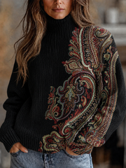 Women's Vintage Flower Art Printed Turtleneck Pullover Sweater