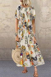 Floral Print Round Neck Short Sleeves Maxi Dress