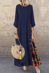 Patchwork Print O-neck 3/4 Sleeves Maxi Dress