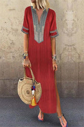 Patchwork Print V-neck Short Sleeves Maxi Dress