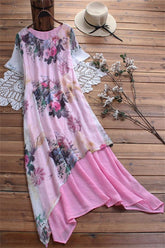 Floral Print Round Neck Short Sleeves Maxi Dress