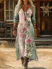 Vintage Floral Print Long Sleeve V-neck Dress