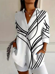 Abstract Stripe Pink Lapel Long Sleeve Casual Loose Blouse