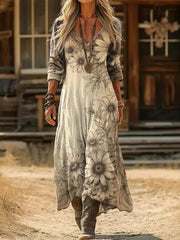 Vintage Floral Print V-neck Long Sleeve Casual Comfy Maxi Dress