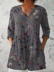 Women's Flowers Print Casual V-Neck 3/4 Sleeve Shirt