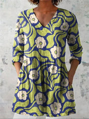 Women's Vintage Lovely Art Print Casual V-Neck 3/4 Sleeve Shirt