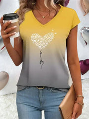 Gradient Heart Print V-neck Short Sleeve T-Shirt