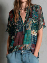Green Boho Print V-Neck Short Sleeve Top