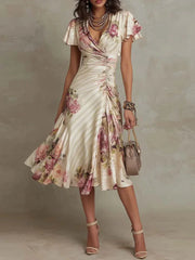 Multicolor Floral Print Short Sleeve Midi Dress