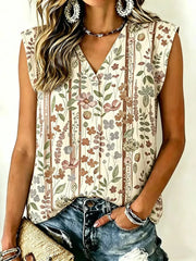 Beige Floral Print Sleeveless V-Neck Blouse