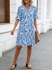 Light Blue Floral Print Ruffle-Sleeve V-Neck Shift Dress
