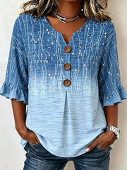 Blue Gradient Floral V-neck 3/4 Sleeve Blouse