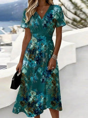 Teal Floral Wrap V-Neck Short Sleeve Midi Dress