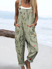 Women's Vintage Floral Art Print Casual Wide Leg Jumpsuit