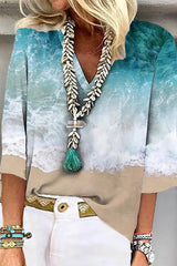 Sea Print V-neck 3/4 Sleeves Casual Blouse