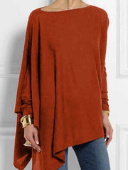Plain Round Neck Long Sleeves Asymmetrical Tops