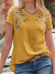 Floral Embroidery Crew Neck Short Sleeves Shirts