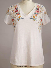 Floral Embroidery Crew Neck Short Sleeves Shirts