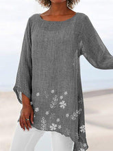 Floral Print Crew Neck Irregular Hem 3/4 Sleeves Blouse