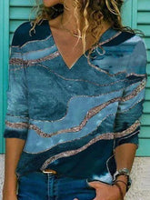 Marbling Print V-neck Long Sleeves Casual Blouse