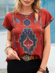 Ethnic Tribal Print O-neck Short Sleeves T-shirt