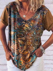 Ethnic Tribal Print V-neck Short Sleeves T-shirt
