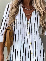Stripe Print V-neck Buttons Long Sleeves Blouse