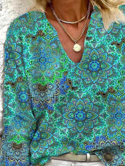 Ethnic Tribal Print V-neck Long Sleeves Blouse