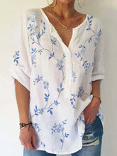 Leaf Print V-neck Buttons Long Sleeves Shirt