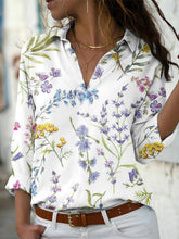 Floral Print Lapel V-neck Long Sleeves Blouses