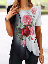 Floral Print Round Neck Irregular Hem Knitted Tshirt